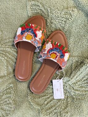Caroline Constas Women’s Tan Leather Slides with Multicolor Beaded Floral Strap